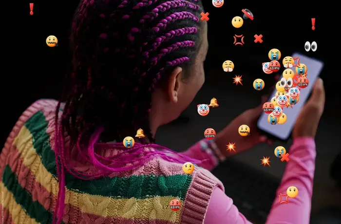 A graphic featuring a young woman looking at her phone