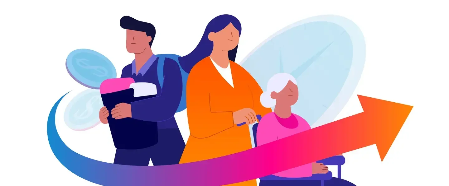 Ilustración de un hombre, una mujer y otra mujer en silla de ruedas haciendo tareas de cuidados