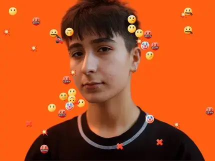 A woman looks at the camera surrounded by abusive emojis