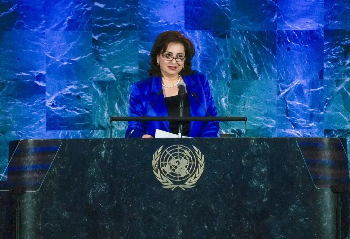 UN Women Executive Director Sima Bahous delivers welcoming remarks at the UN commemoration of International Women’s Day, 7 March 2025, UN General Assembly Hall, UN headquarters. Photo: UN Women/Ryan Brown.