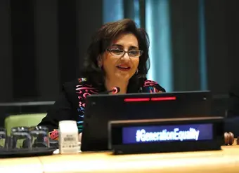 UN Women Executive Director Sima Bahous delivers opening remarks at the Generation Equality Midpoint Moment, United Nations Headquarters, New York, 17 September 2023. Photo: UN Women/Ryan Brown.